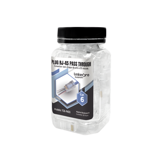 Bote con 100 Plugs Pass Through RJ45 Cat6 sin Blindaje, Chapado de Oro