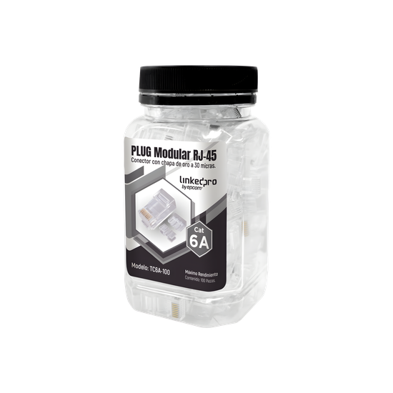Bote con 100 Piezas de Plug Modular RJ45 Cat6A Chapado de Oro a 30 Mic