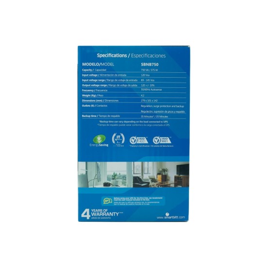 SMARTBITT NO-BREAK 750VA/375 WATTS 6 CONTACTOS, POTECCION RJ-11(SBNB75