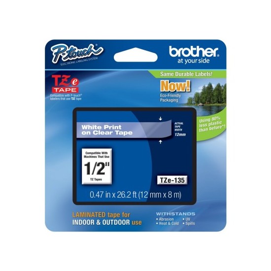 CINTA BROTHER TZES135 BLANCO SOBRE TRANSPARENTE 12 MM ERESISTENTE
