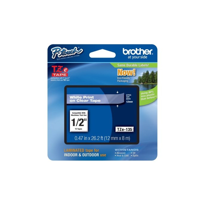 CINTA BROTHER TZES135 BLANCO SOBRE TRANSPARENTE 12 MM ERESISTENTE