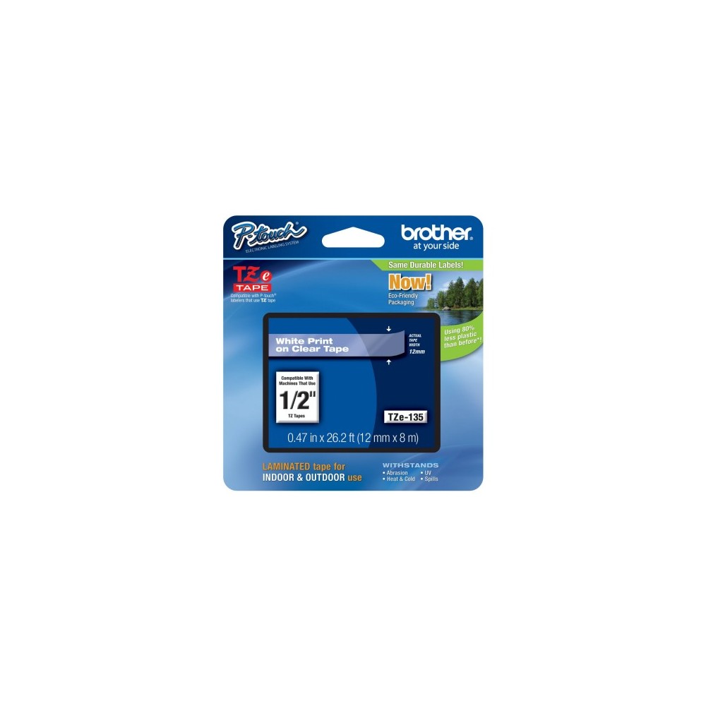 CINTA BROTHER TZES135 BLANCO SOBRE TRANSPARENTE 12 MM ERESISTENTE