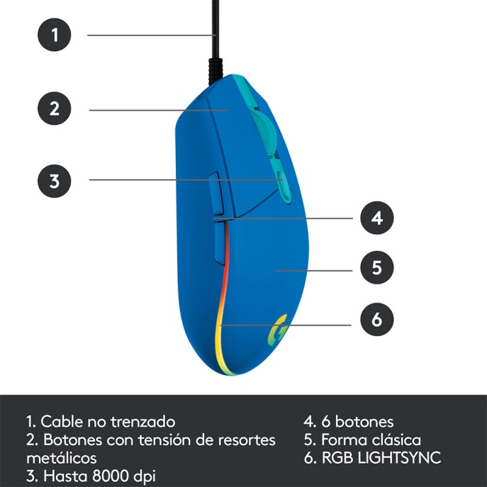 MOUSE GAMER LOGITECH G203 LIGHTSYNC RGB 8,000DPI USB AZUL 910-005795