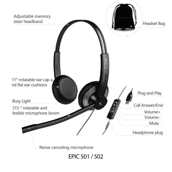 EPIC 502-R, Diadema UC, control llamada, mute y vol, 3.5mm y USB, Rojo