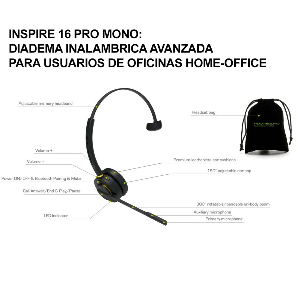 INSPIRE 16PRO-MONO, C-D, Diadema Bluetooth Monoaural Profesional, canc
