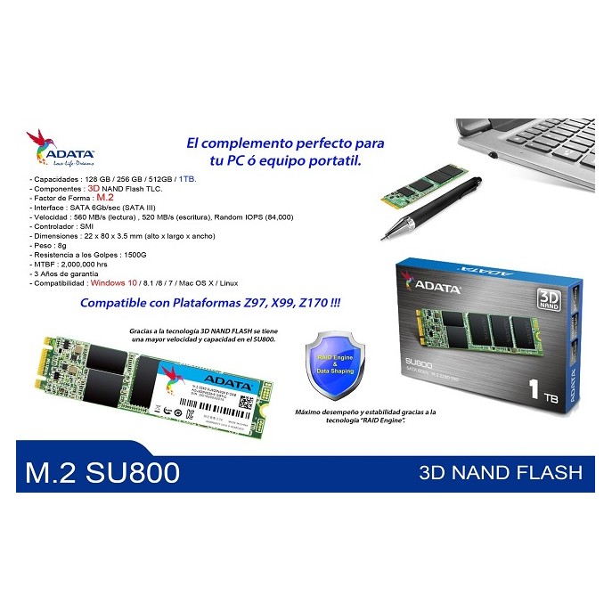 UNIDAD SSD M.2 ADATA SU800 2280 256GB (ASU800NS38-256GT-C)